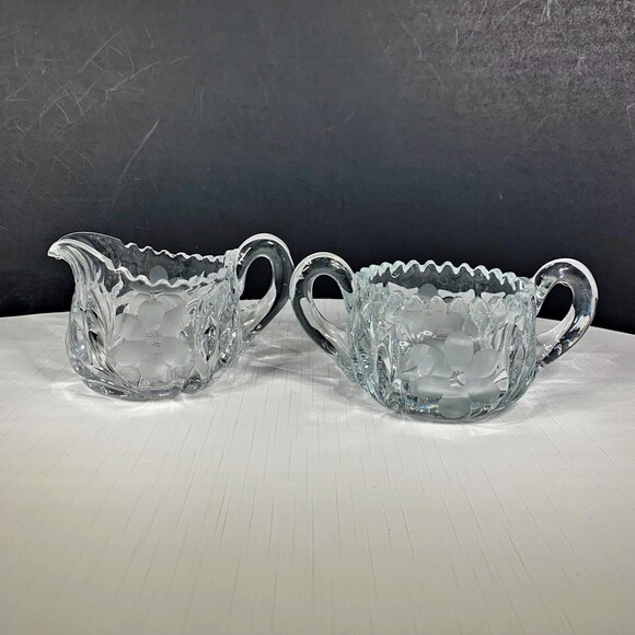 Pressed Cut Etched Sugar Creamer Heavy Glass Set Mid Century Vintage 1960s - Picture 1 of 7